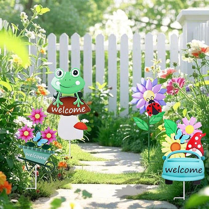 WONDER GARDEN Welcome Decorative Garden Stakes, 4Pcs Flower Metal Yard Signs Lawn Stake with Frog, Mushroom, Gnome, Butterfly and Ladybug for Outdoor Decorations
