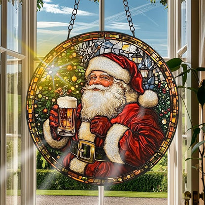 VAIIEYO Christmas Sun Catcher Stained Glass Window Hanging Ornament, Handmade Sun Catcher Santa Claus Decoration with Hooks for Window Garden Home, Christmas & Birthday Housewarming Gift (7.8 inch)