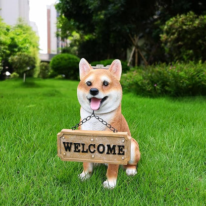 Outdoor Akita Inu Dog Statue with Interchangeable Welcome Sign and Detachable Solar Lantern –LED Light Garden Dog Sculpture Décor, Cute Puppy Design for Yard, Porch, Gift