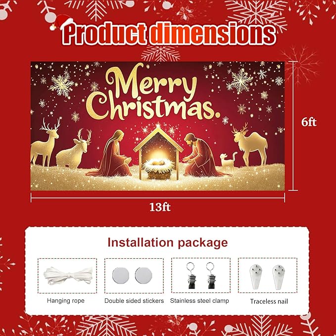HOMETITUTE Christmas Garage Door Banner 13x6ft Holiday Decoration with Gold Figures Baby Jesus and Mary Red Background Snowflakes Deer Sheep Festive Outdoor Indoor Backdrop