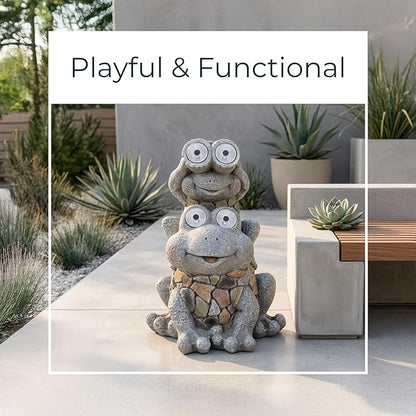 Frogs Piggy Back Ride with Solar Eyes Statue for Garden Decor - Stone Like Figurine for Front Porch, Outdoor Garden, Patio, and Yard Decor - Sculptural Yard Art for Entryway - 14", Gray & Yellow