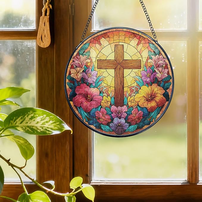 Christian Cross Flower Stained Glass Window Hanging, Cross Suncatcher, Religious Wildflower Christian Sun Catchers Indoor Window Glass Wall Art Hanging Decorations, 7.9x7.9in