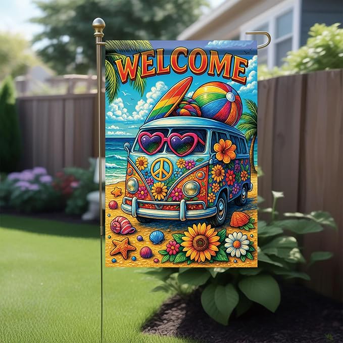 Summer Garden Flag 12x18 Inch Welcome Hippie Van Beach Surf Rainbow Peace Floral Design Outdoor Yard Porch Lawn Patio for Seasonal Coastal Boho Home Decor