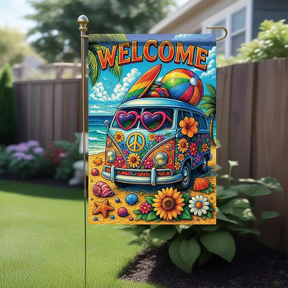 Summer Garden Flag 12x18 Inch Welcome Hippie Van Beach Surf Rainbow Peace Floral Design Outdoor Yard Porch Lawn Patio for Seasonal Coastal Boho Home Decor