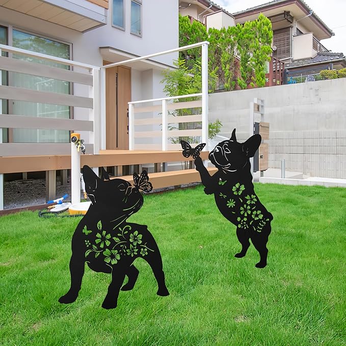 French Bulldog Decorative Garden Stakes, 2 Pcs Frenchie Gifts for Women Men Dog Lover, French Bulldog Butterfly Flower Outdoor Yard Art Lawn Decor