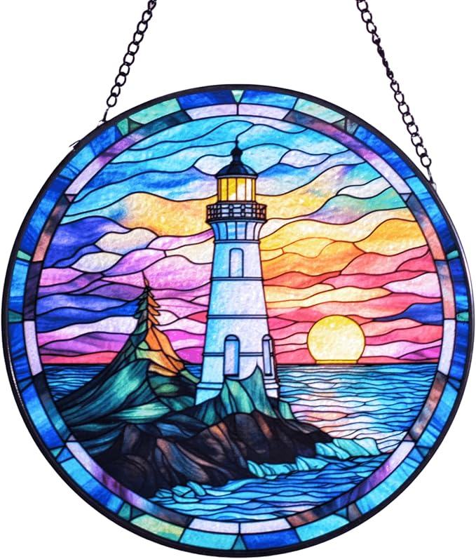 Lighthouse Garden Suncatcher, Stained Glass Window Hanging Memorial Gift for Mom, Sun Catcher for Home Garden, Christmas Party & Wedding Decor