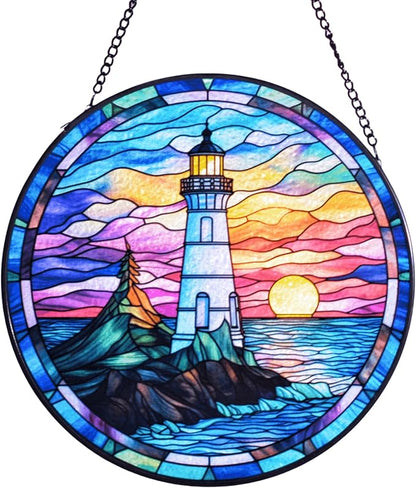 Lighthouse Garden Suncatcher, Stained Glass Window Hanging Memorial Gift for Mom, Sun Catcher for Home Garden, Christmas Party & Wedding Decor