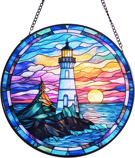 Lighthouse Garden Suncatcher, Stained Glass Window Hanging Memorial Gift for Mom, Sun Catcher for Home Garden, Christmas Party & Wedding Decor