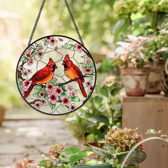 Stained Glass Window Hanging, Cardinal Sun Catchers Colorful Glass Panel Bird Suncatcher Indoor Window Wall Art Home Decor Gift for Birthday Christmas, for Women,Men,Wife, Lovers, and Mom 7.8 in