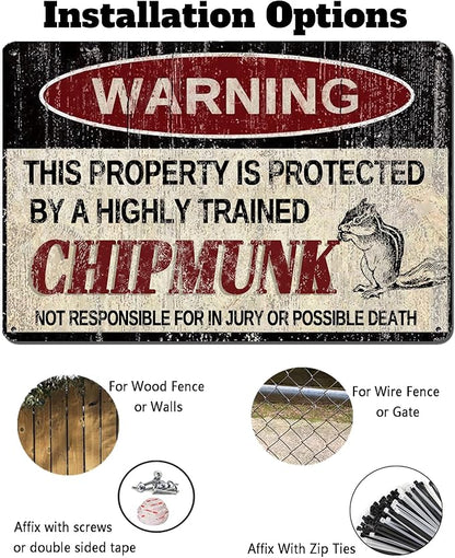 Vintage Chipmunk Metal Sign Warning This Property is Protected by Highly Trained Chipmunk Yard Sign Outdoor Home Wall Decor 12x8Inch