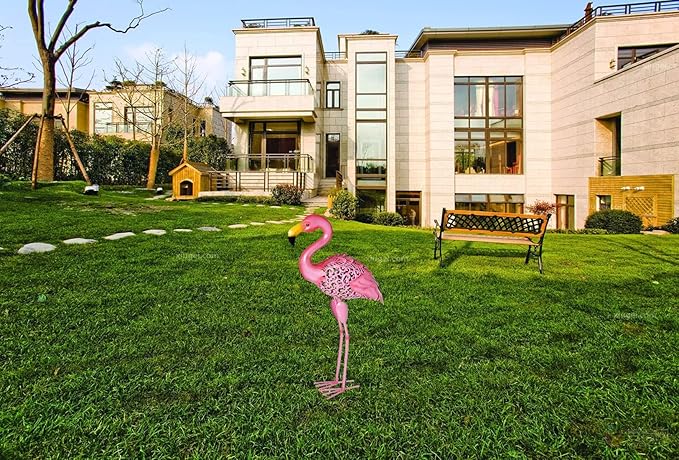 Owlgift 31 Inch Flamingo Garden Statues and Sculptures, Tall Metal Pink Flamingo Garden Statues, Birds Yard Art Outdoor Statue, Large Lawn Ornaments for Home, Patio, Backyard Décor