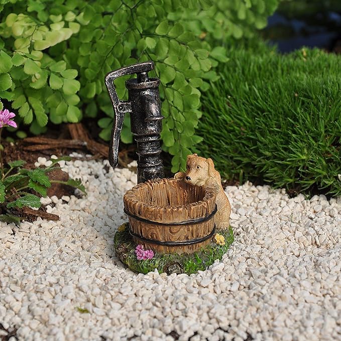 Well Puppy And Wash Basin Antique Brown 3 Inch Resin Stone Outdoor Statue