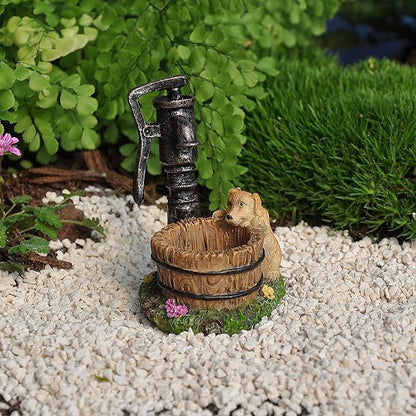 Well Puppy And Wash Basin Antique Brown 3 Inch Resin Stone Outdoor Statue