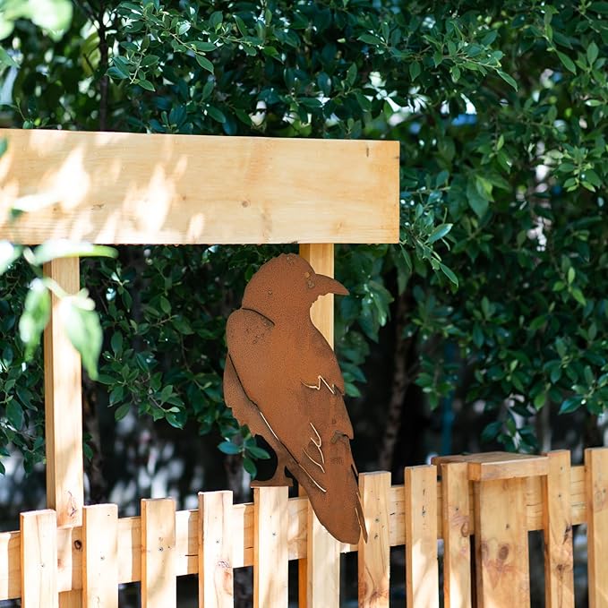 13.5 x 8.25 Inches Raven Bird Silhouette Metal Birds Rusty Crow Statue Metal Birds Fence Topper Yard Decor Fake Crow for Autumn Outdoor Tree Ornaments