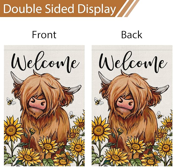 Heyfibro Welcome Spring Summer Highland Cow Garden Flag 12x18 Inch Double Sided Burlap, Farmhouse Sunflower Yard Flags for Seasonal Outside Outdoor Decoration (ONLY FLAG)