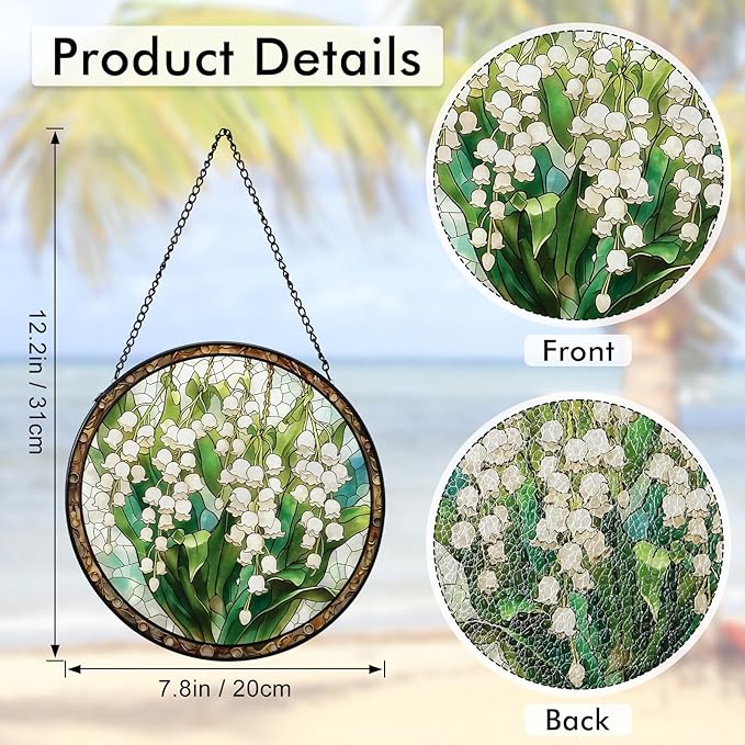 Stained Glass Window Hanging White Green Lily of The Valley 7.8 Inch Wildflowers Suncatcher Glass Panel Boho Window Decor with Chain Round Glass for Garden Wall Birthday Party Gifts