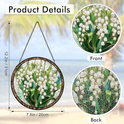 Stained Glass Window Hanging White Green Lily of The Valley 7.8 Inch Wildflowers Suncatcher Glass Panel Boho Window Decor with Chain Round Glass for Garden Wall Birthday Party Gifts