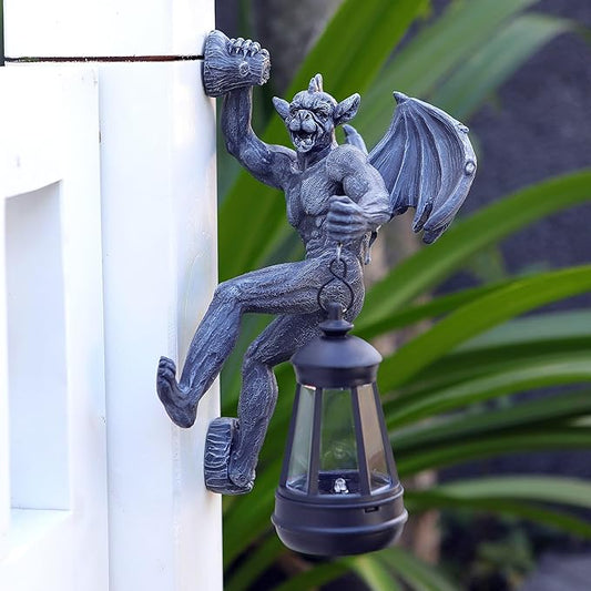 Dragon Winged Gargoyle Tree Hugger with Solar Lantern Gothic Lamp Wall Fence Hanger Decor Garden Statue Yard Patio Unique Perfect Present for Women Mom Grandma
