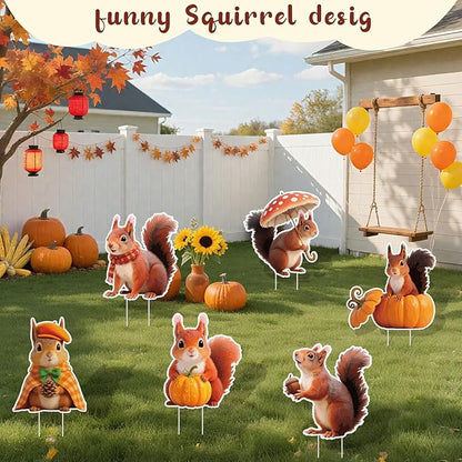 6Pcs Thanksgiving Yard Signs Stakes,The Nut Squirrel Pumpkin Fall Outdoor Decorations for Home Outdoor Yard Patio Lawn Decor, Garden Decorations