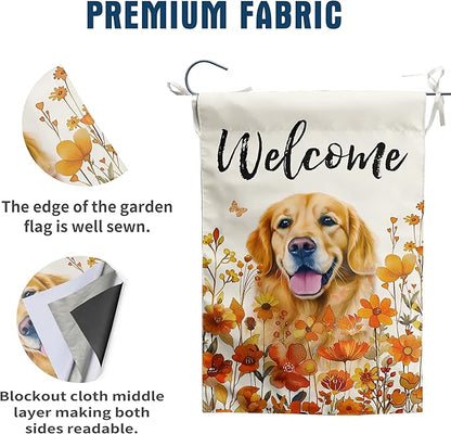 Floral Golden Retriever Garden Flag Fall Yard Flag Wildflower Dog Garden Flags Orange Autumn Lawn Flags Welcome Thanksgiving Outdoor Flags for Outside 12x18 Double Sided Small