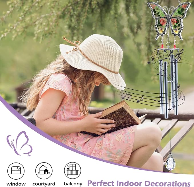 Butterflies Wind Chimes Glass Metal Real Flower and Multicolor 4 Tube Aluminum Windchime with S Hooks,Elegant Chime Outdoor, Garden,Balcony and Home Decoration with Wind Catcher Grandparent Day Gifts