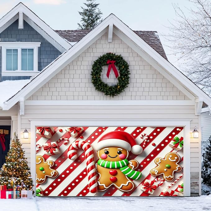 HOMETITUTE Christmas Garage Door Banner 13x6ft Gingerbread Man Candy Cane Theme Backdrop Banners for Outside Inside Winter Door Cover Garage Wall Covering for Party Garage Decorations