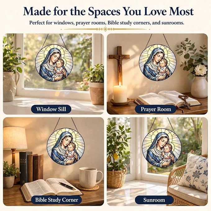 Madonna and Child Stained Glass Suncatcher Window Hanging, 7.8" Catholic Faith Gift for Mom Grandma Women, Religious Decor for Window, Prayer Room, Sunroom, Office