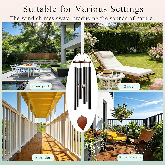 Large Aluminum Wind Chime -32 inch Black Metal 6-Tube Wind Chime Decoration with Commemorative Leaf Pendant, Suitable as a Consolation Wind Chime for Gardens, terraces, Home Decor, and Gifts