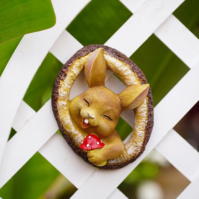 Garden Bunny Sculpture, Decorative Smiling Rabbit Tree Log Statue with Mushroom, Indoor Outdoor Resin Art Decor