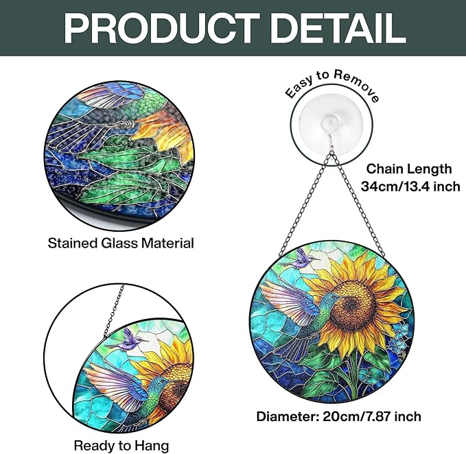 Hummingbird Stained Glass Suncatcher – Sunflower Window Decor, Memorial Hanging Ornament, Bird Lover Gift for Women Adults, Mom, Grandma, Friends, Christmas & Birthday Gifts, Mother’s Day Present