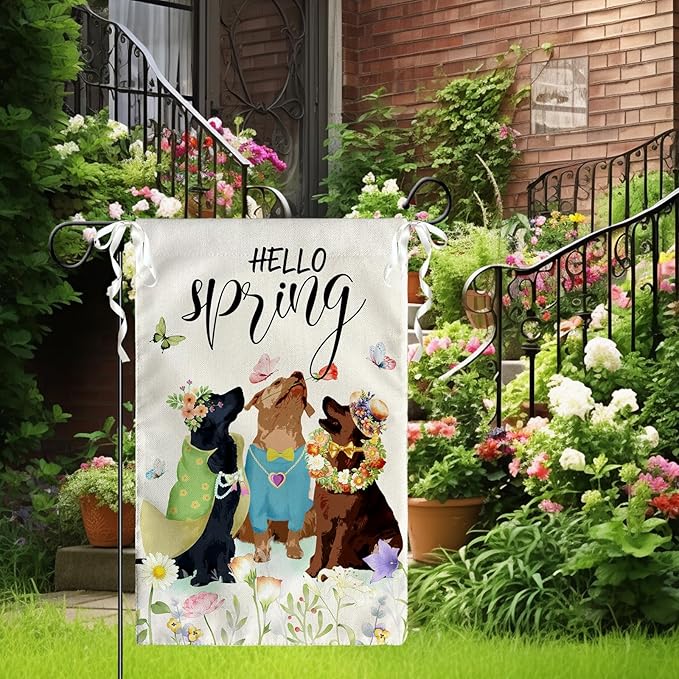 Hello Spring Garden Flags Golden Retriever Dog Yard Flag Puppy Daisy Floral Flowers House Banner Spring Butterfly Seasonal Flowers Garden Flag or Farmhouse Holiday Outside Decor 12x18 Inch