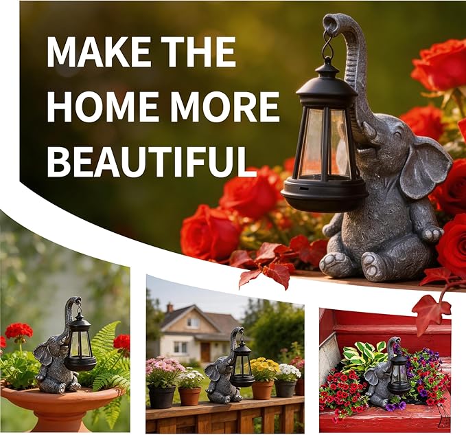 Solar Elephant Statue Outdoor Garden Decor - 10" Resin Elephant Figurine with Hanging Solar Lantern, Waterproof Patio Yard Art, Lucky Elephant Gifts for Women Mom Housewarming