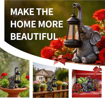 Solar Elephant Statue Outdoor Garden Decor - 10" Resin Elephant Figurine with Hanging Solar Lantern, Waterproof Patio Yard Art, Lucky Elephant Gifts for Women Mom Housewarming