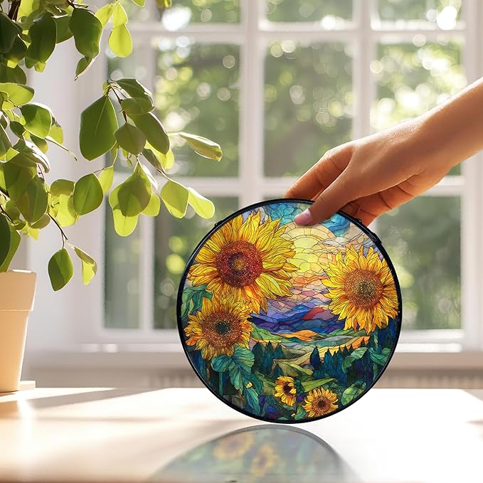 Sunflower Suncatchers Stained Glass Window Hanging, Rustic Cottagecore Flower Sun Catchers Indoor Window Glass Round Wall Decor, Sunflower Wall Hanging Decorations, 7.9x7.9in