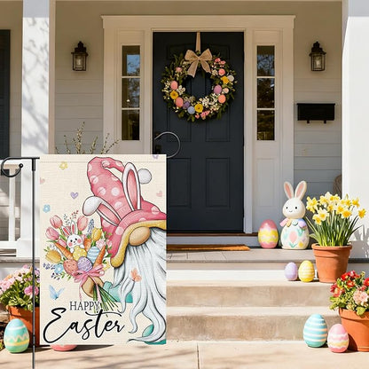 Heyfibro Happy Easter Bunny Gnome Garden Flag 12x18 Double Sided Burlap, Cute Rabbit & Egg Floral Outdoor Yard Banner for Spring Holiday Farmhouse Yard Outdoor Decor(ONLY FLAG)