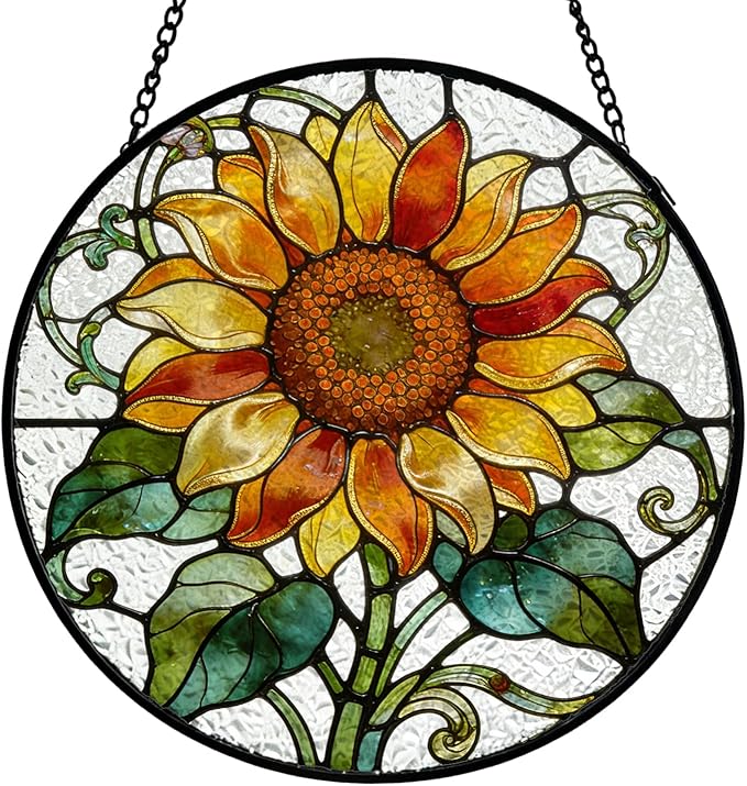 Sunflower Stained Glass Window Hanging, Cottagecore Sunflower Floral Botanical Suncatcher Indoor Window Glass Round Wall Art Decor, 7.9x7.9 Inch