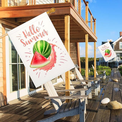 Mugod Watercolor Watermelon Decorative House Flag 28x40 Inch Double Sided, Summer Fruit Red & Green Large Burlap Flag for Outdoor Garden Yard Decoration