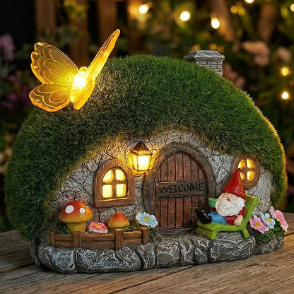 Solar Fairy Garden House Accessories, Outdoor Garden Statues with Butterfly Lights & Gnomes Gardening Gifts for Women, House Sculpture Figurine Outside Garden Decorations for Yard Patio Lawn Decor