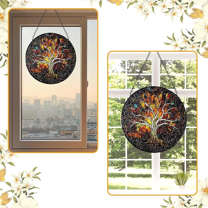 Stained Glass Window Hanging - 8 Inch Tree of Life Sun Catcher, Handmade for Indoor/Garden Decor, Wall Art Gift for Women Mother's Day Christmas