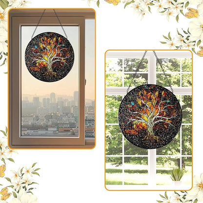 Stained Glass Window Hanging - 8 Inch Tree of Life Sun Catcher, Handmade for Indoor/Garden Decor, Wall Art Gift for Women Mother's Day Christmas