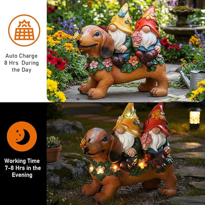 CroBlissful Solar Dachshund Gnome Lighted Statue - 10" Resin Dog with Butterfly and Floral Decor Outdoor Lawn Garden Ornament for Christmas Patio Yard Porch Decoration and Dog Gnome Lovers