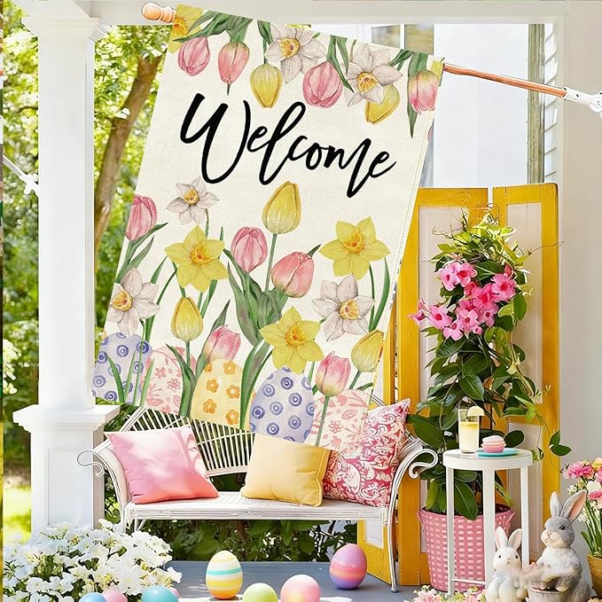 Baccessor Welcome Easter House Flag 28 x 40 Inch, Double Sided Burlap Tulip Daffodil Colorful Eggs Farmhouse Large Yard Flag Seasonal Holiday Spring Easter Outdoor Decor