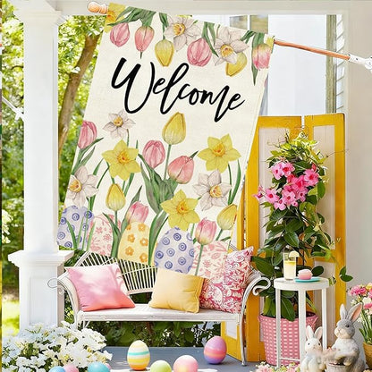 Baccessor Welcome Easter House Flag 28 x 40 Inch, Double Sided Burlap Tulip Daffodil Colorful Eggs Farmhouse Large Yard Flag Seasonal Holiday Spring Easter Outdoor Decor