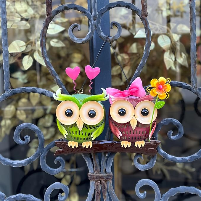 Metal Owl Couple Garden Stakes, Hand Painted 3D Yard Art, Colorful Outdoor Lawn Ornaments Sculpture Decor, Gift for Family and Couple (Small)