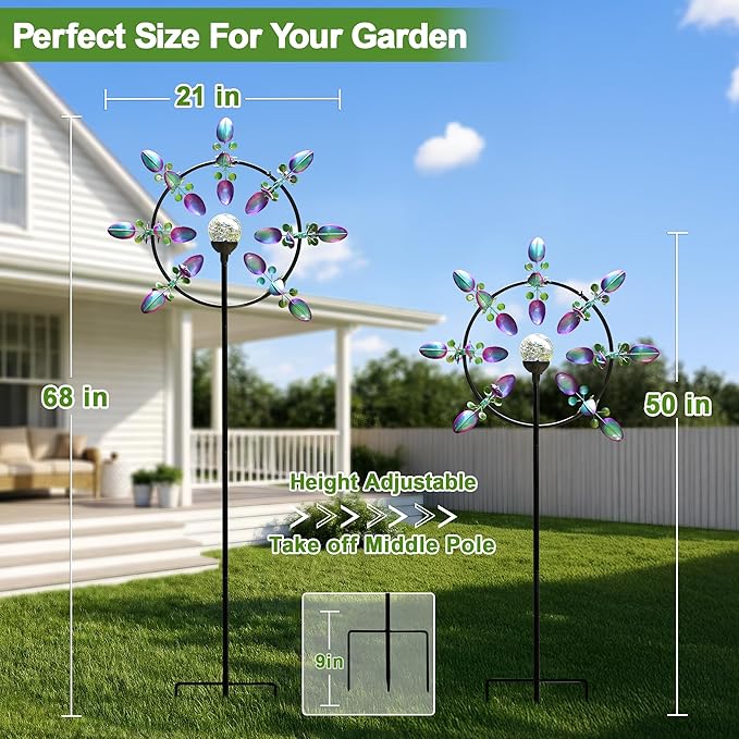 Large Solar Wind Spinner for Yard and Garden – 360° Kinetic Metal Wind Sculpture with LED Crackle Glass Ball, Waterproof Outdoor Stake Decor for Patio, Lawn & Backyard Art Decoration