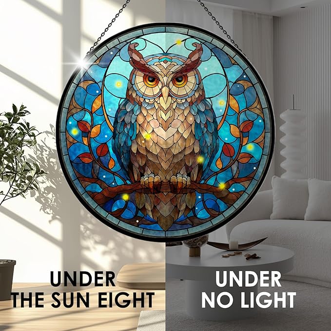 Owl Stained Glass Window Hanging, 7.9" Owl on a Branch Suncatcher for Window Doors Home Decoration, Owls Decor for Home, Mother's Day Christmas Birthday Gifts for Owls Lovers Women Men