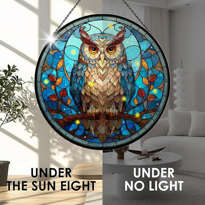 Owl Stained Glass Window Hanging, 7.9" Owl on a Branch Suncatcher for Window Doors Home Decoration, Owls Decor for Home, Mother's Day Christmas Birthday Gifts for Owls Lovers Women Men