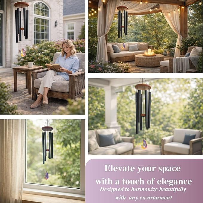 2in1 Design Luxury Wind Chimes & Suncatcher for Outside Deep Tone Wind Chime with Wooden Top Sun Catcher Prism for Window Porch Patio Decor Mother's Day wind chimes for Mom Sister Grandma Garden Gifts
