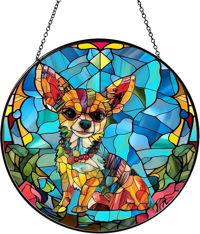 Chihuahua Stained Glass Window Hanging Chihuahua Sun Catcher Decor Dog Lover Gifts for Women Suncatchers for Garden Home Windows Hanging Decoration, 7.87inch