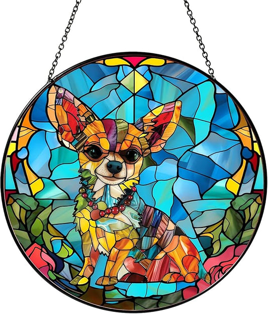 Chihuahua Stained Glass Window Hanging Chihuahua Sun Catcher Decor Dog Lover Gifts for Women Suncatchers for Garden Home Windows Hanging Decoration, 7.87inch